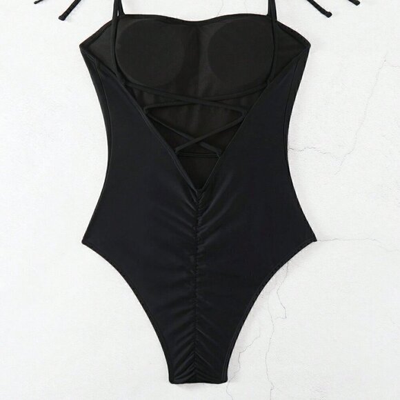 Black Vacation Style Women's Swim Summer Beach Solid Color One-Piece Swimsuit - Picture 4 of 5